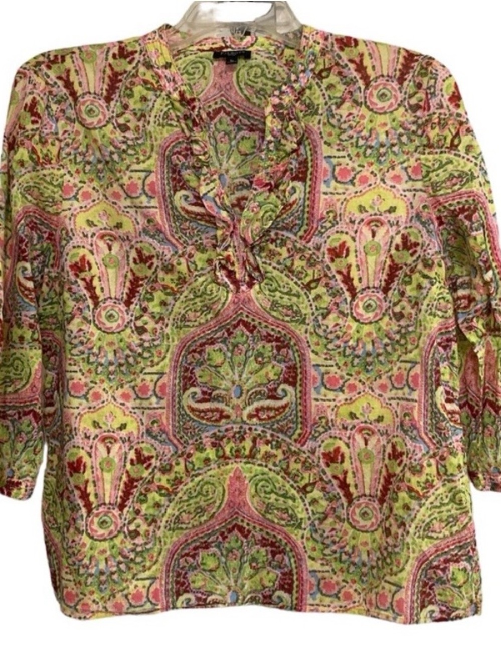 Talbots Green Pink 100% Cotton 3/4 Sleeve Shirt XS